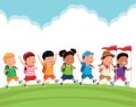 Cartoon graphic of a diverse group of children walking in a line on grass with backpacks on and the two leaders carrying red flags on polls