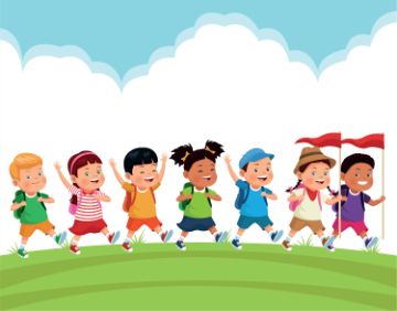 Cartoon graphic of a diverse group of children walking in a line on grass with backpacks on and the two leaders carrying red flags on polls