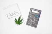 Top spiral bound notebook with "TAXES" written on it and a cannabis leaf on top next to a black calculator