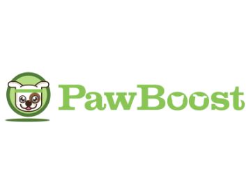 green circle around an animated dog's face next to a green-colored word of PawBoost