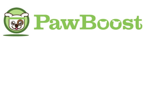 green circle around an animated dog's face next to a green-colored word of PawBoost