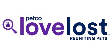 a paw inside a magnifying glass next to the words Petco Love Lost and reuniting pets