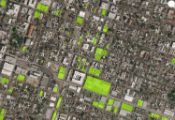 Aerial view of Sacramento with parcels highlighted in green