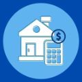 Blue graphic with a lighter blue circle with a house, calculator, and circled dollar sign within it