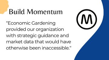 Build Momentum logo next to quote “Economic Gardening provided our organization with strategic guidance and market data that would have otherwise been inaccessible.“