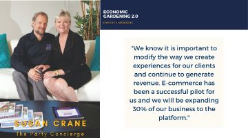 Photo of Susan Crane of The Party Concierge next to quote "We know it is important to modify the way we create experiences for our clients and continue to generate revenue. E-commerce has been a successful pilot for us and we will be expanding thirty percent of our business to the platform"