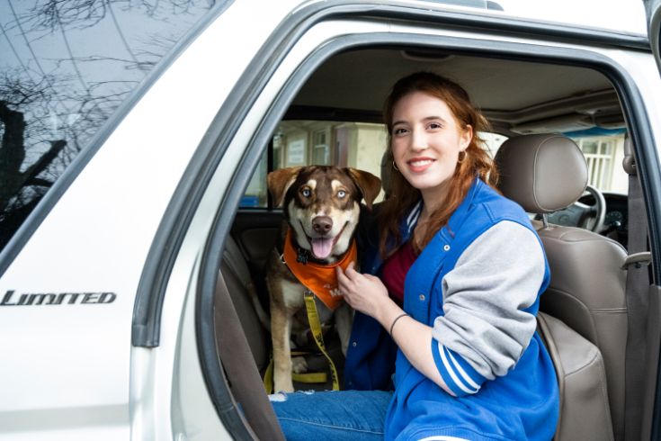 Person sitting with dog in a car.