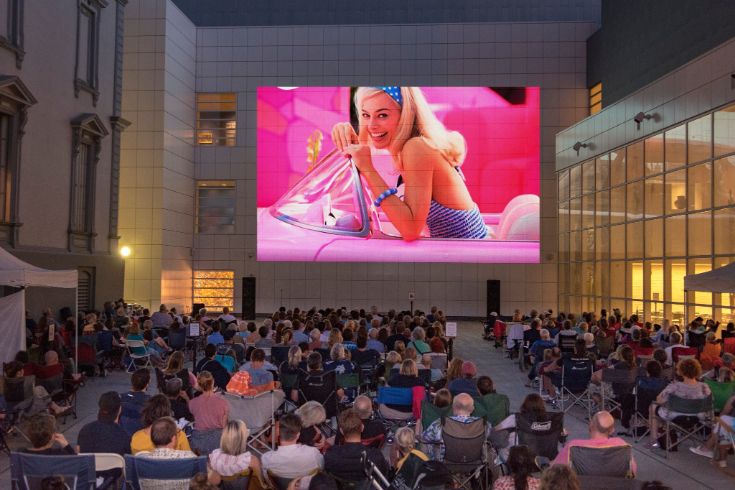 Barbie movie playing in outdoor theatre at Crocker art museum