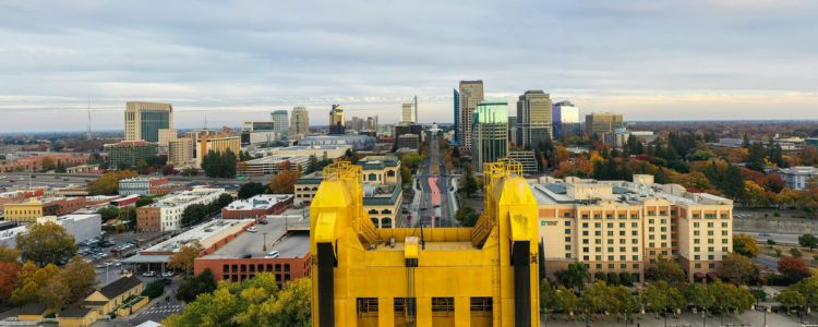 Aerial view of Downtown Sacramento, Tower Bridge, cars, streets, buildings