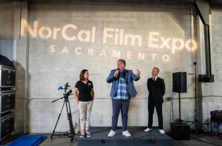 NorCal Film Expo Sacramento sign, three speakers