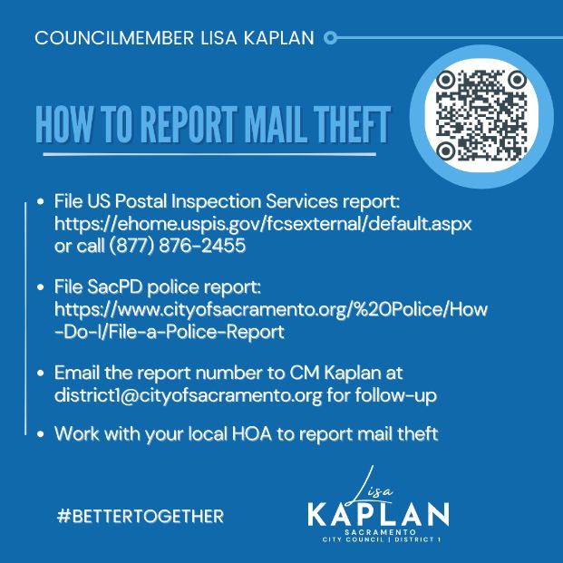 A blue and white image explaining how to report incidents of mail theft. 