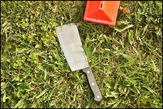 Photo of a meat cleaver in a yard with an evidence marker near it, recovered near the suspect
