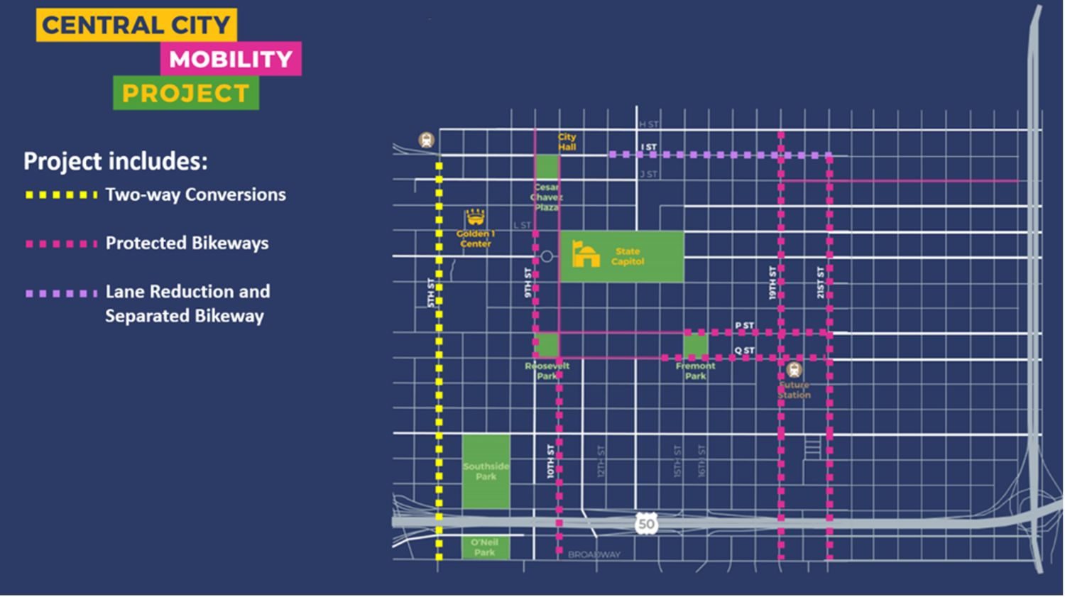 Map of Central City Mobility Project Project includes: two-way conversions, protected bikeways, lane reduction and separated bikeway