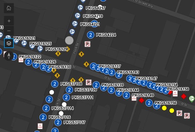 Image of online map of parking space locations, with a call out box showing specific details of the metered space