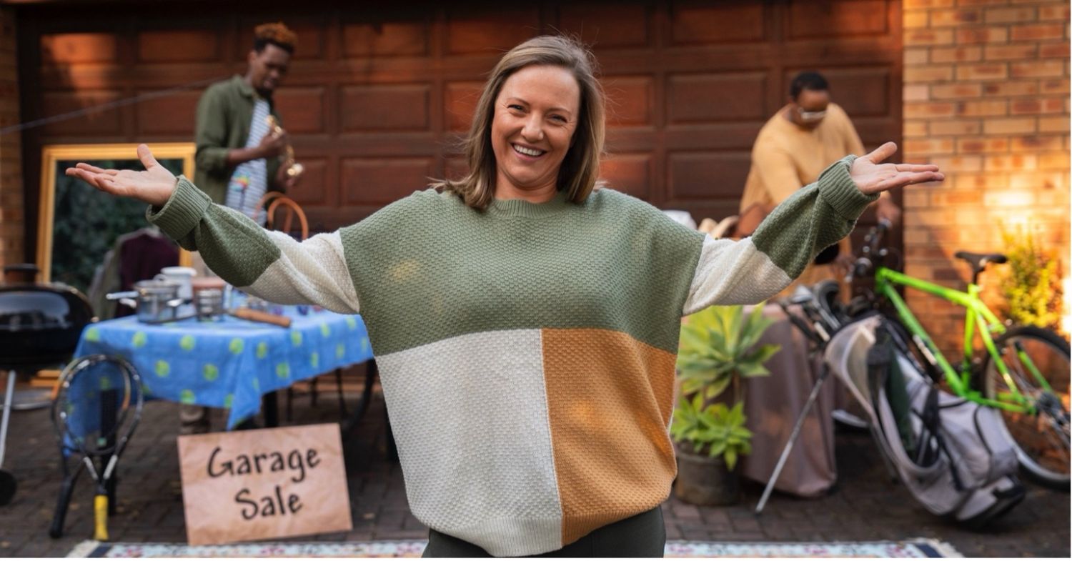 Woman smiling in front of a garage sale