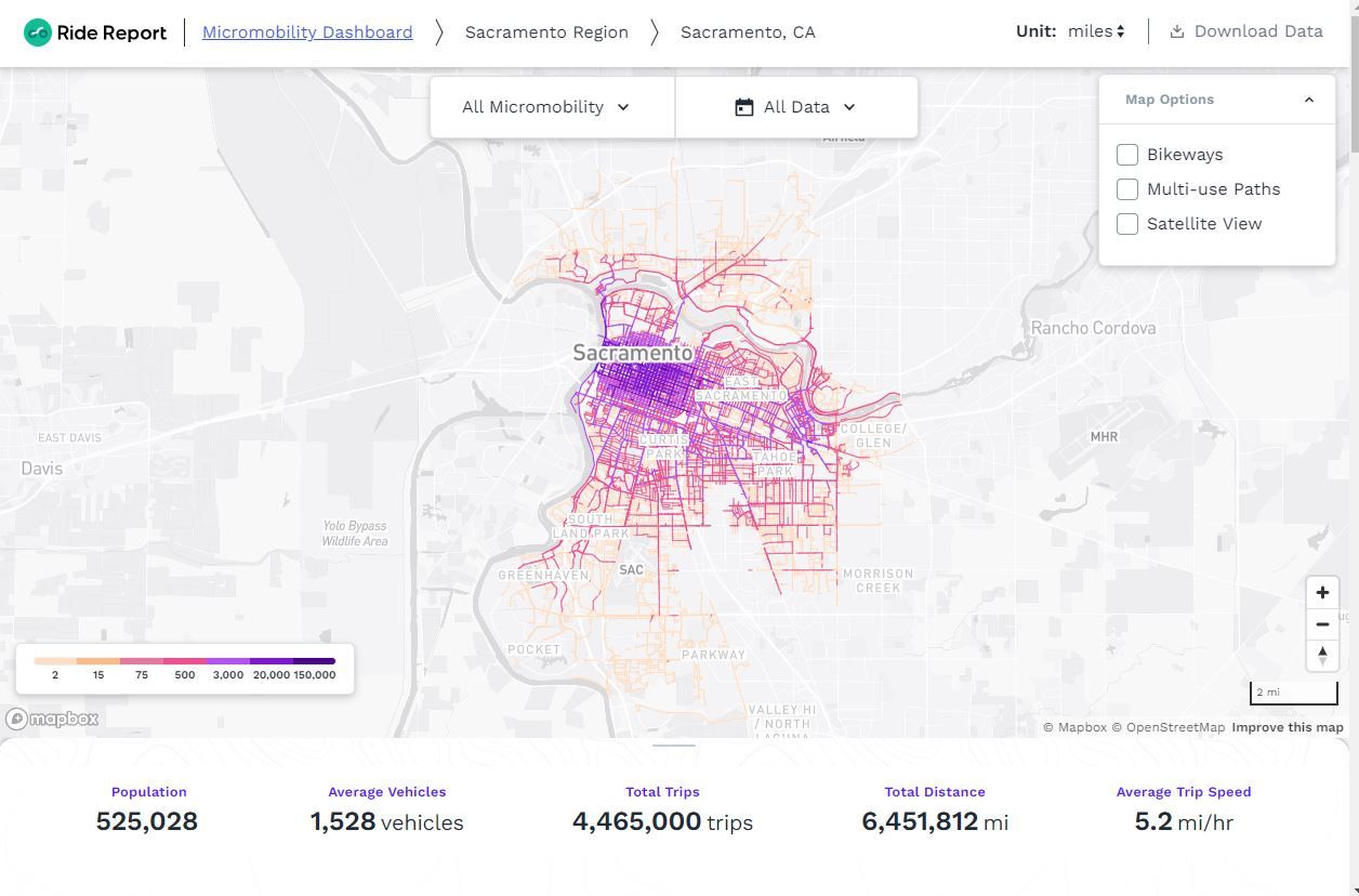 Interactive map from third party vendor of shared rideable activity in Sacramento