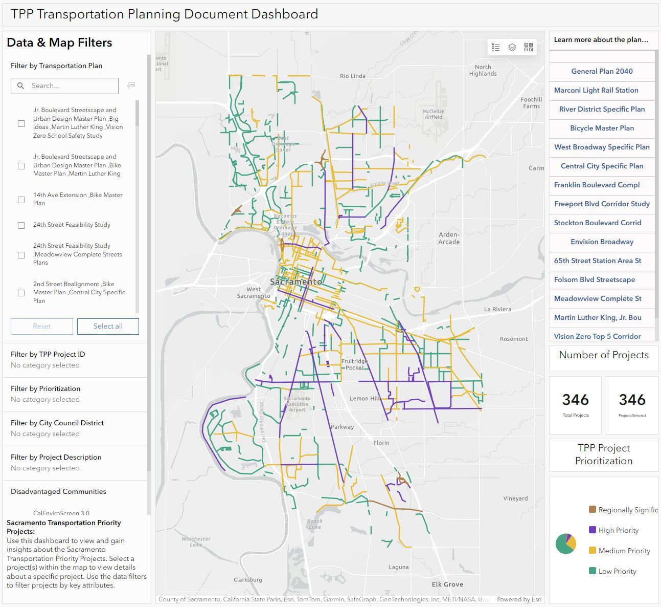 Image of a map of Sacramento with planned transportation improvements prioritized by community values