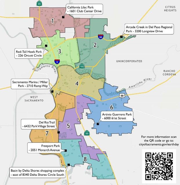 Map of Sacramento with nine Earth Day event locations and event addresses. Scannable QR code at bottom right. 