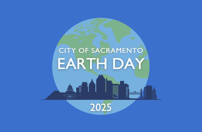 City of Sacramento Earth Day 2024 graphic with a profile of Sacramento building landmarks over an earth