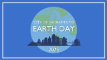 Earth Day 2025 graphic, picture of Earth with City on blue background