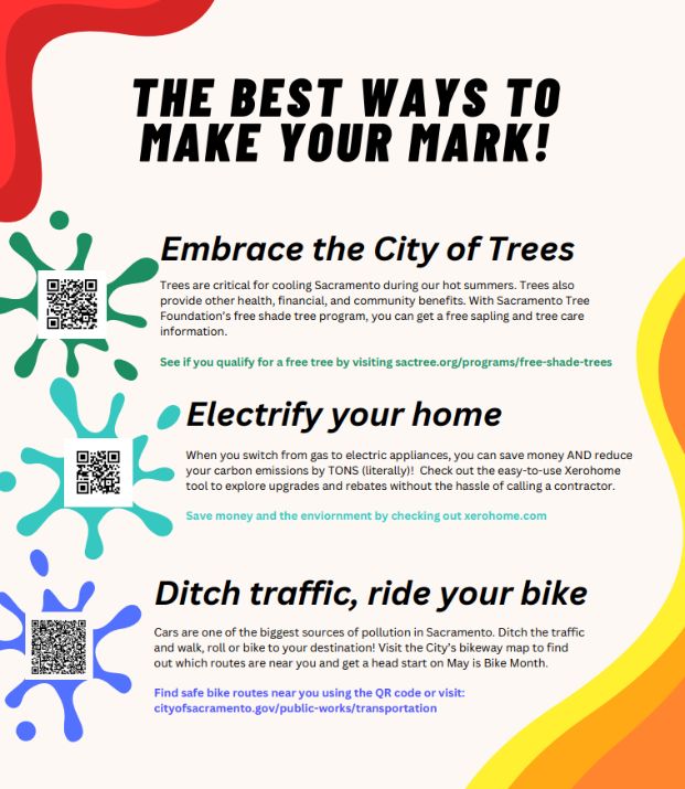 Make Your Mark graphic: embrace the City of Trees, electrify your home, and ditch traffic to ride your bike