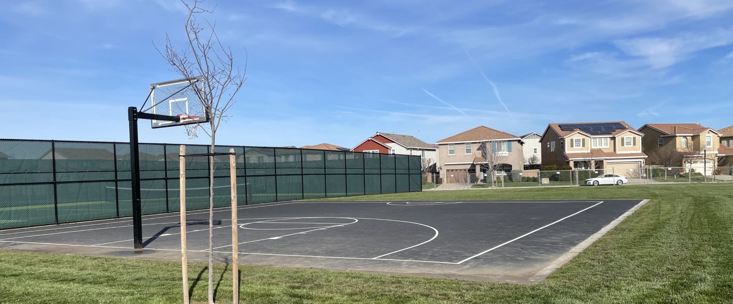 Landscape view of a basketball court.